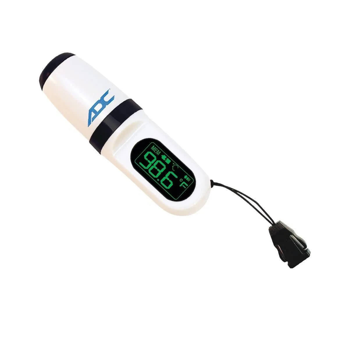 White compact non-contact infrared thermometer with LCD display and lanyard clip