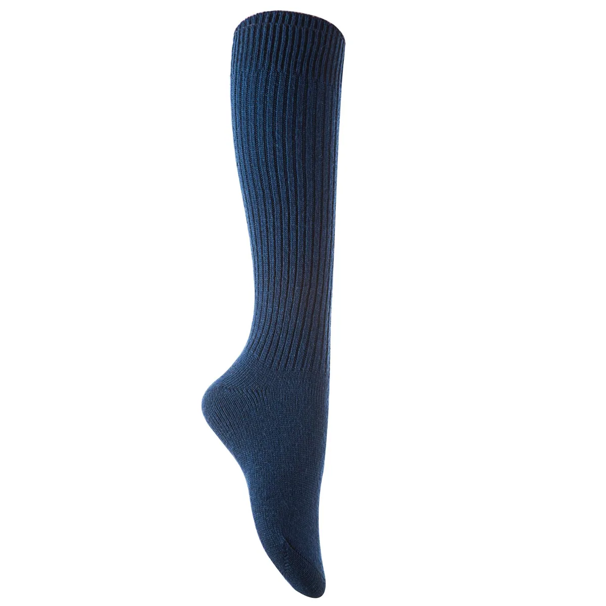Pair of navy knee-high wool crew socks, folded flat