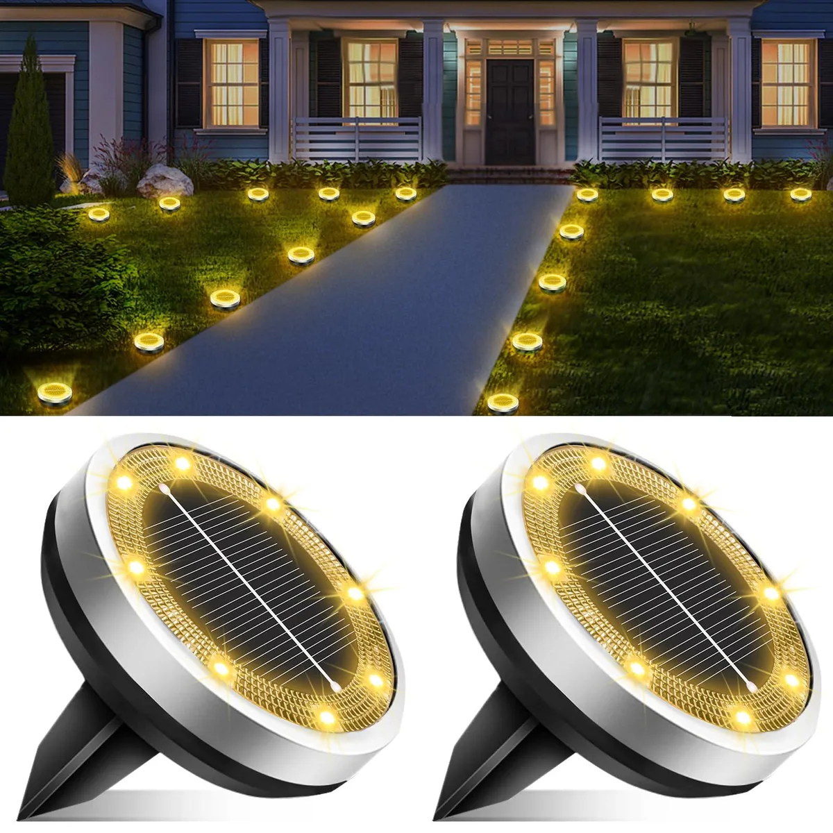 Two stainless-steel and plastic ground lights with warm-white LEDs, spike-mounted, 0.159 kg each