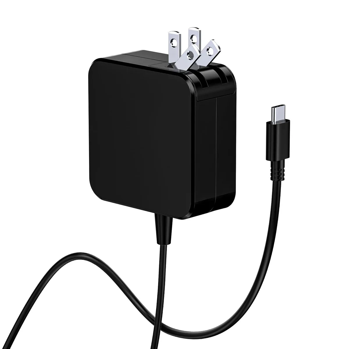 Black USB-C wall charger with foldable prongs and attached 6.5ft black cable