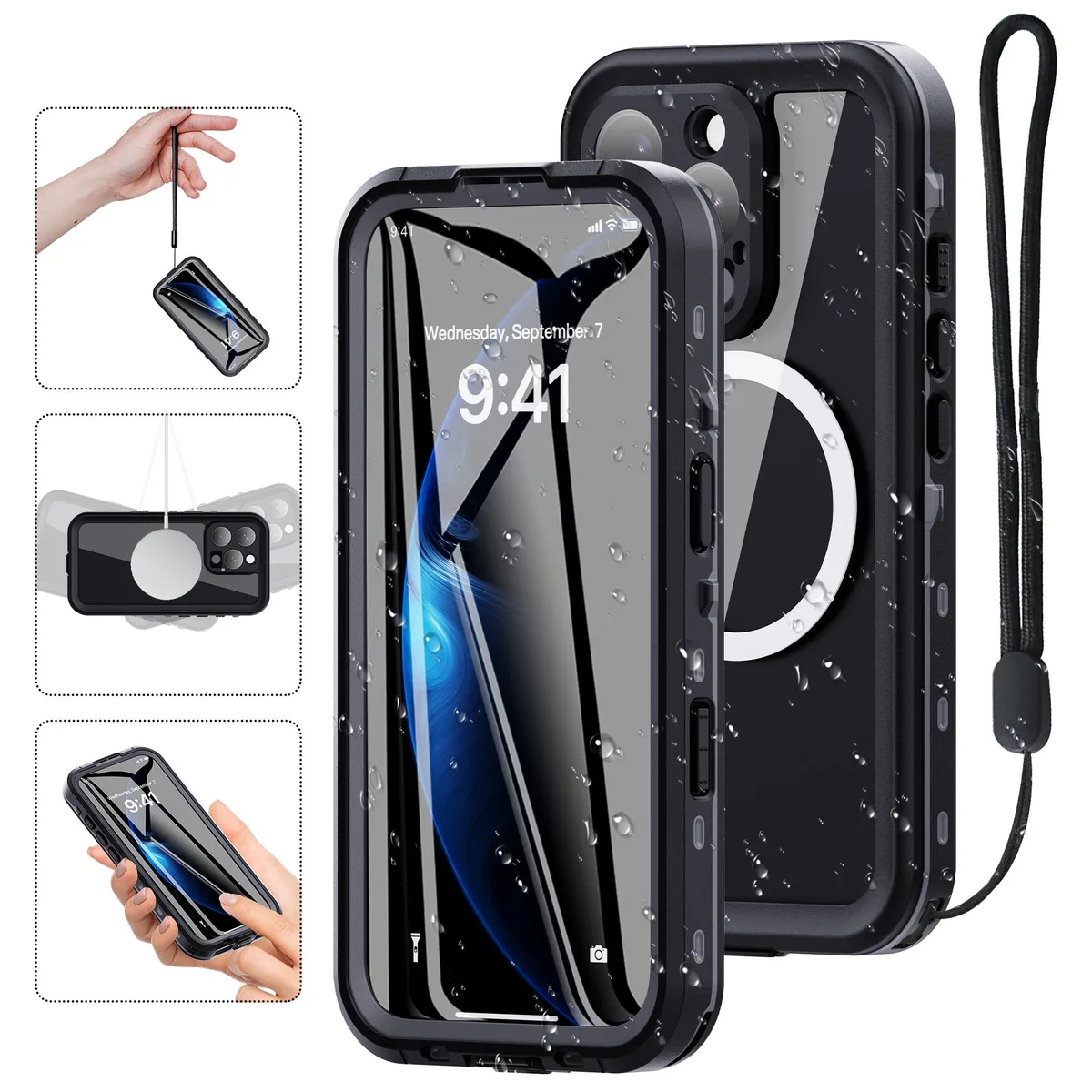 Black BONAEVER waterproof case for iPhone 16 Pro with built-in screen protector