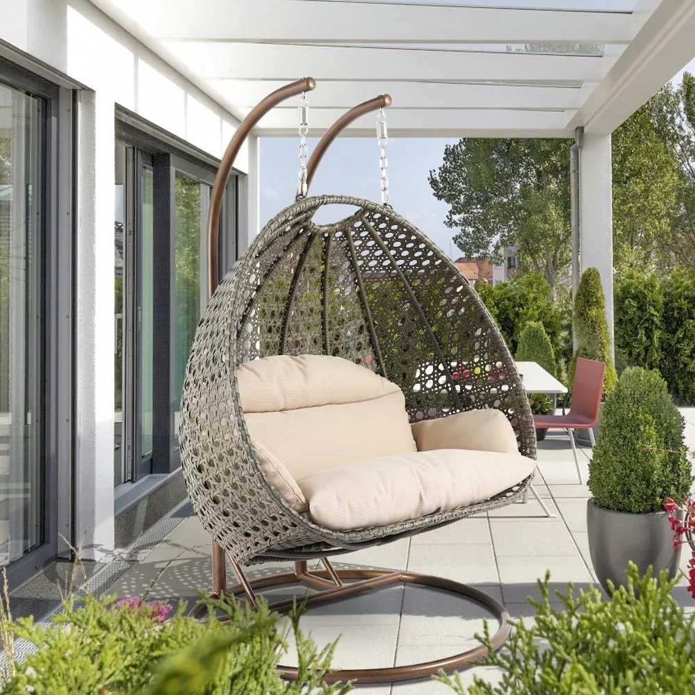 LeisureMod LeisureMod Wicker 2-Person Hanging Egg Swing Chair with Cushion, Beige — product photo