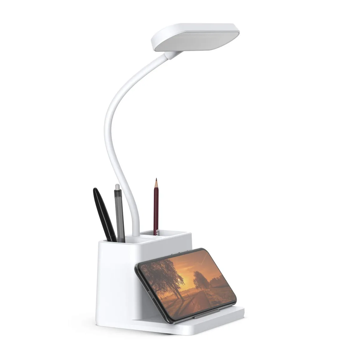White square desk lamp with flexible gooseneck arm and integrated pen holder base