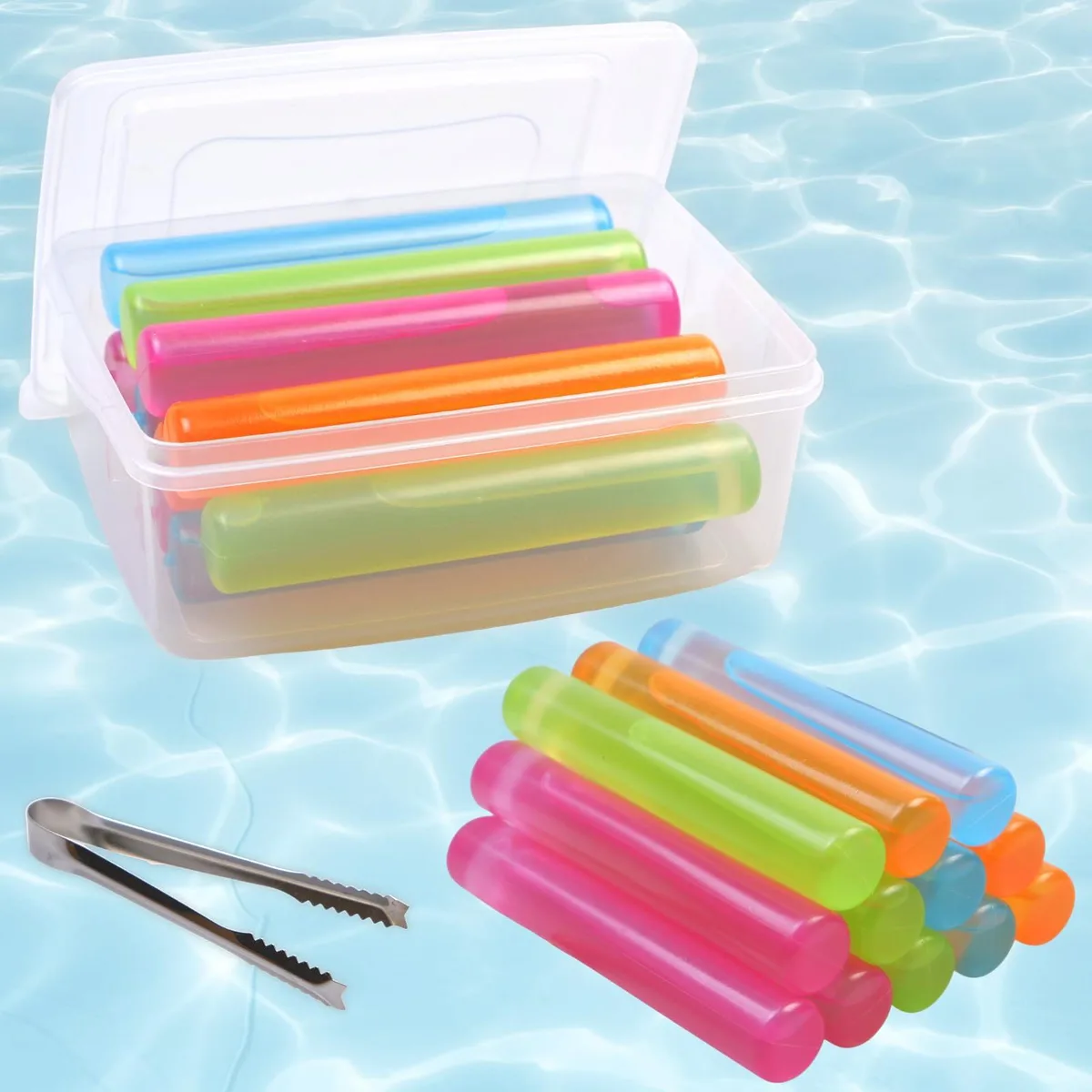 Twelve clear rectangular ice sticks in a floral box with tongs
