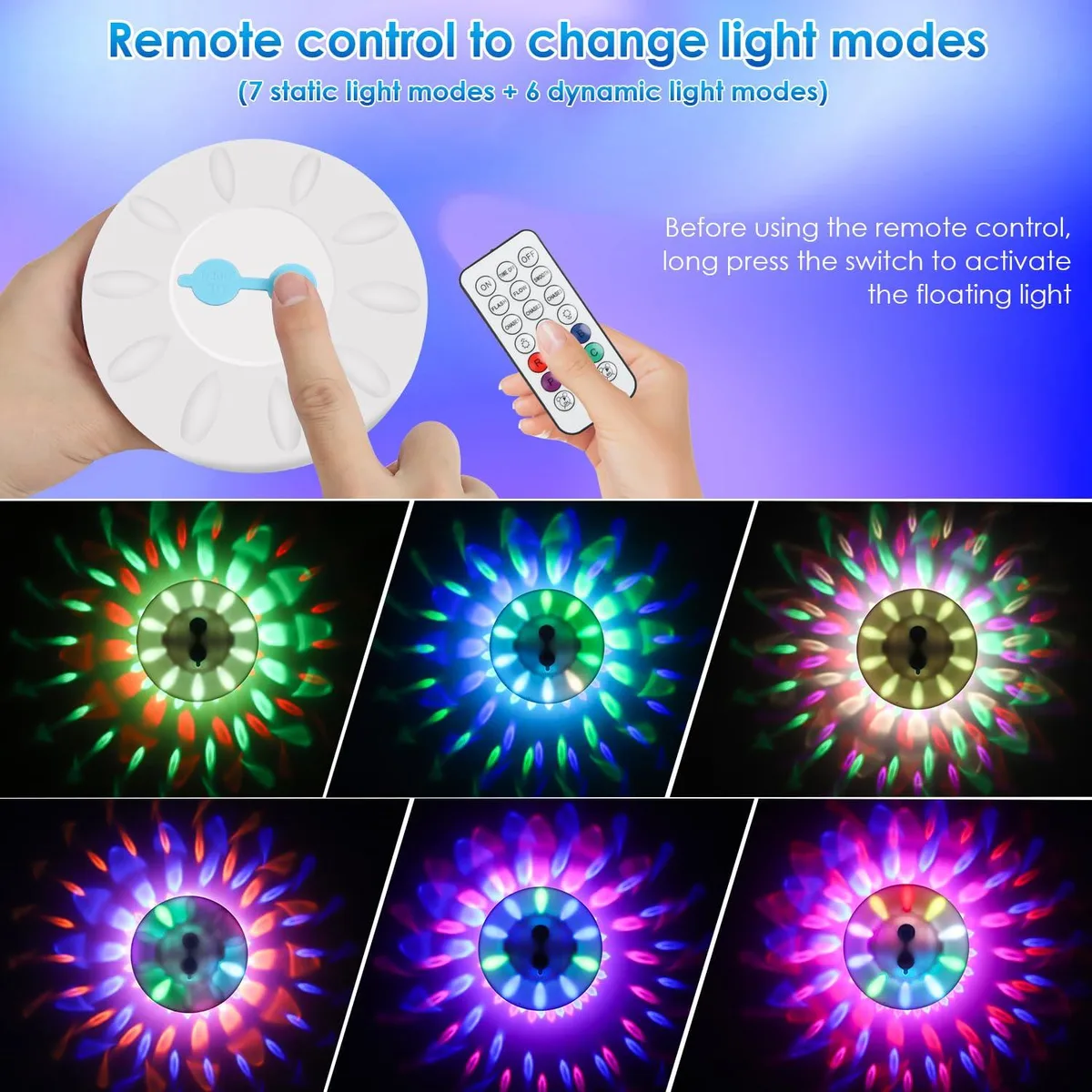 White floating pool light, acrylic body, clear prismatic glass, rechargeable, remote controlled