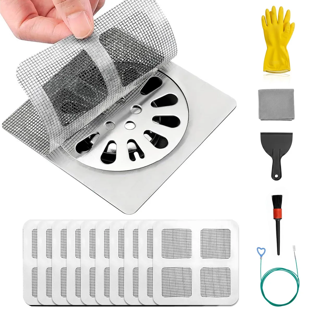 A complete drain cleaning kit with ten disposable catchers, snake tool, brush, scraper and gloves