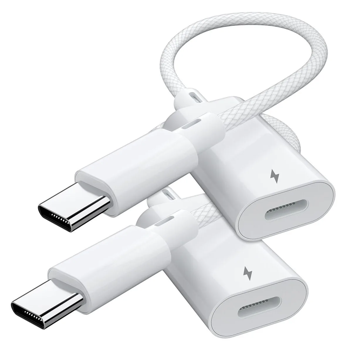 Two small white USB-C to Lightning charging adapters side by side