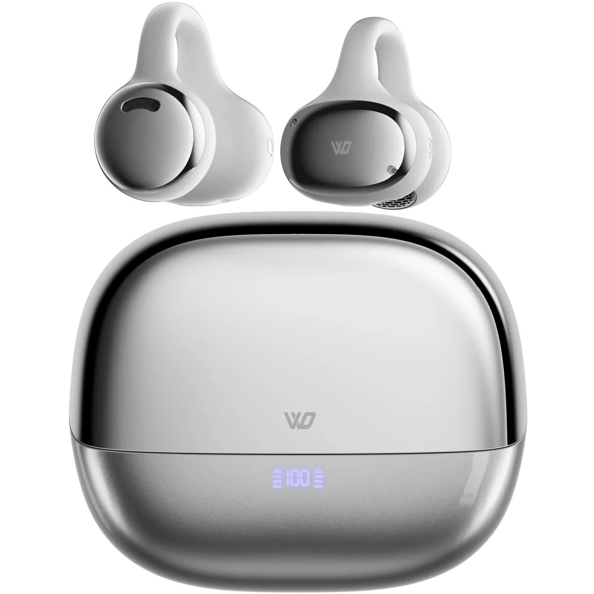 Pair of open-ear clip earbuds with C-shaped silicone hooks and charging case