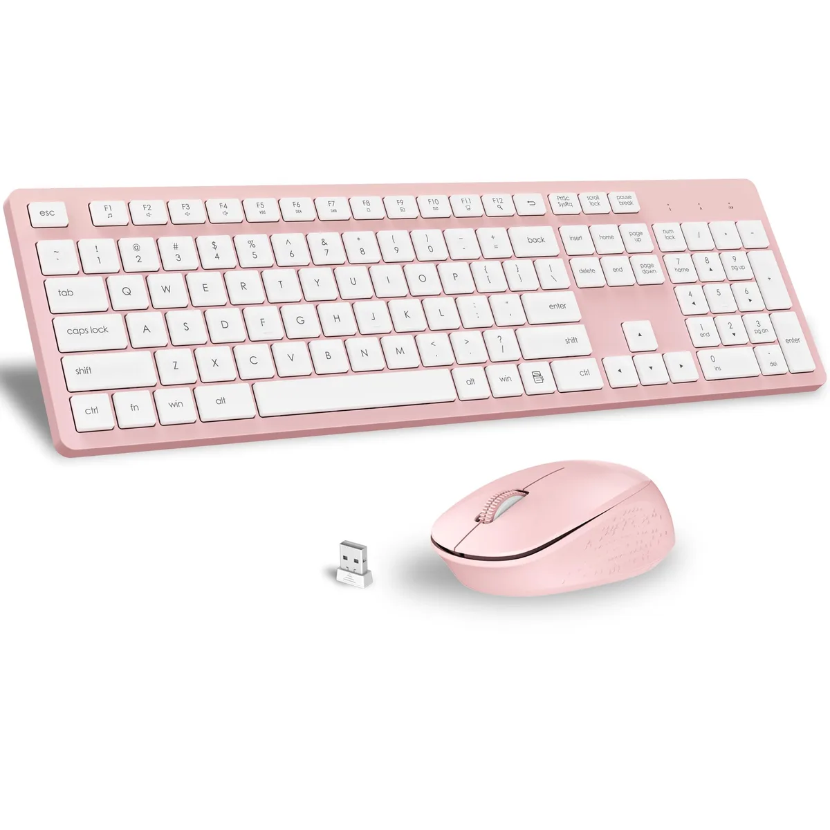 Pink full-size wireless keyboard with numeric keypad, matching ergonomic mouse, and USB receiver