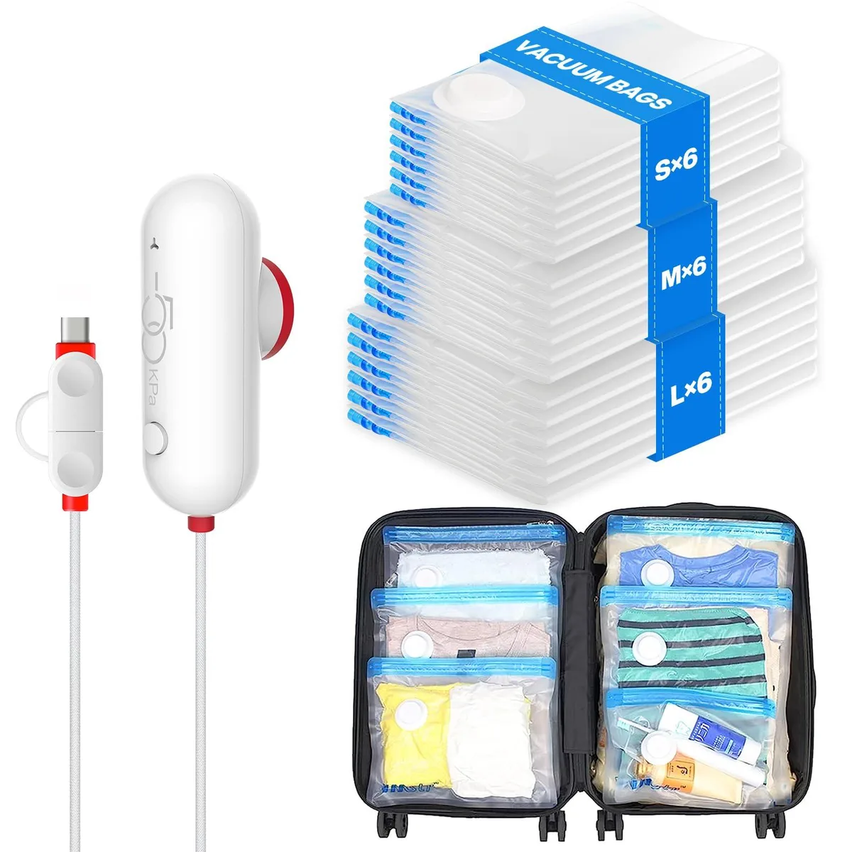 Red nylon vacuum storage bags with USB pump, eighteen pieces in three sizes