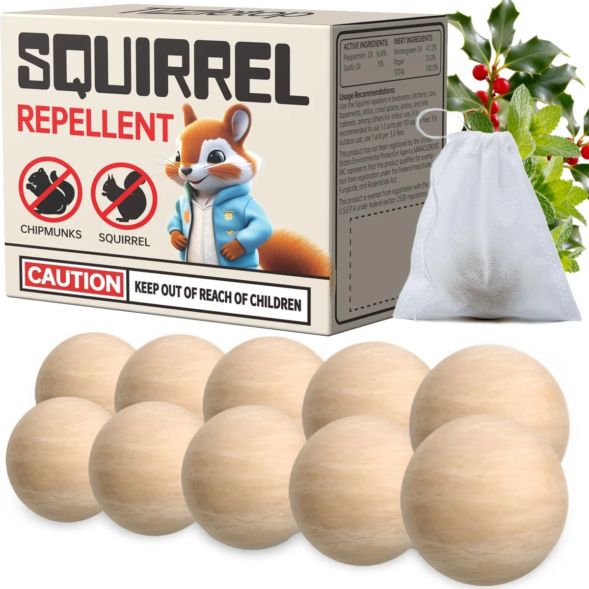 Ten round repellent pouches in a white box, natural scent deterrent for squirrels and chipmunks
