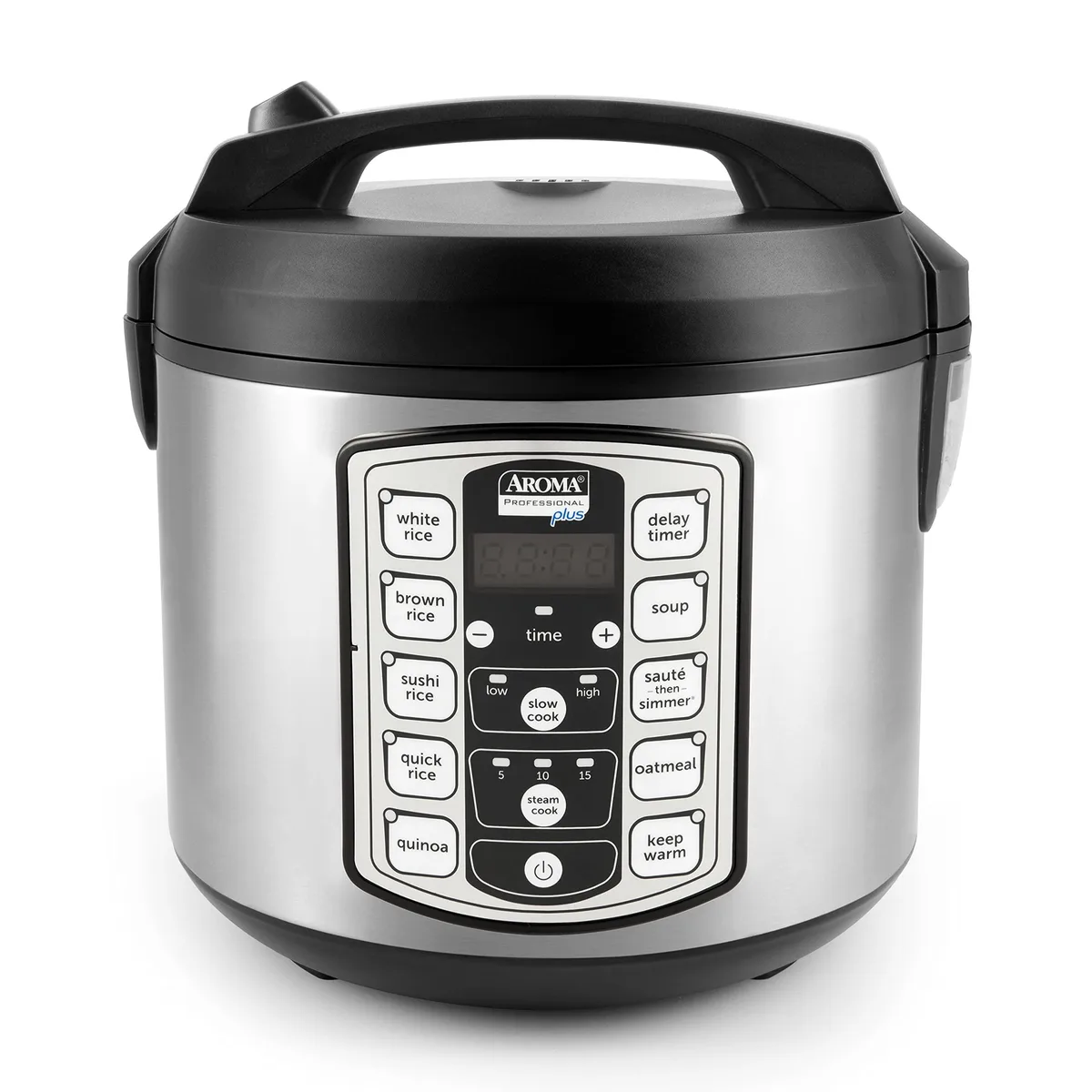 Silver and black digital rice cooker with stainless exterior, non-stick inner pot, steam tray and digital control panel