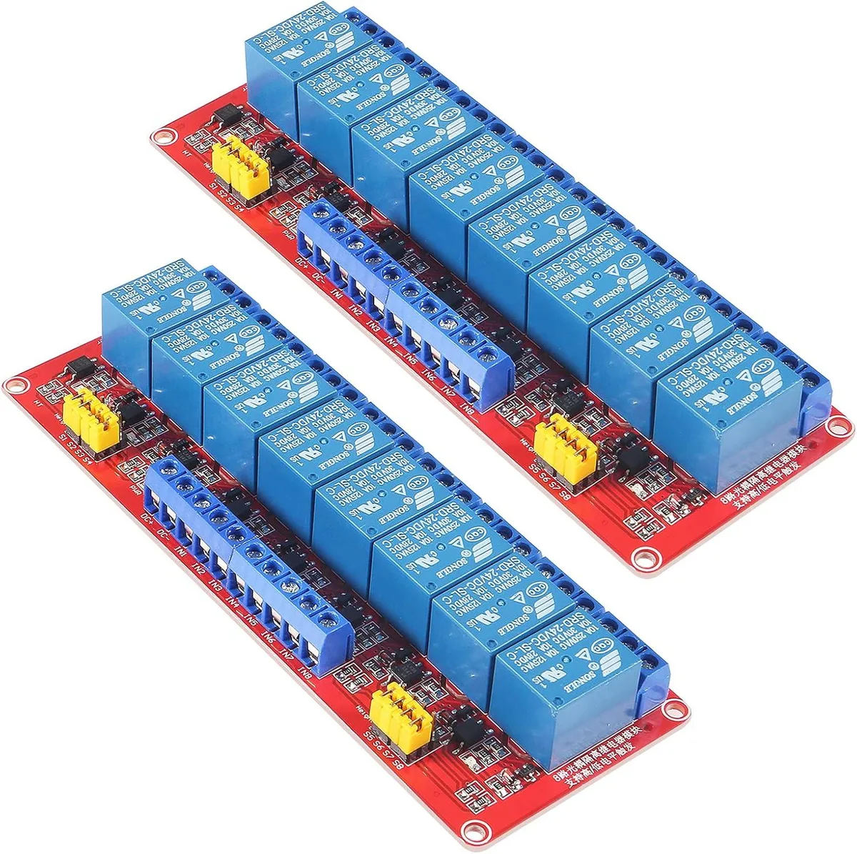 Red 8-channel 24V relay board with optocoupler isolation, KF301 connectors, DIN rail mount, silver alloy contacts