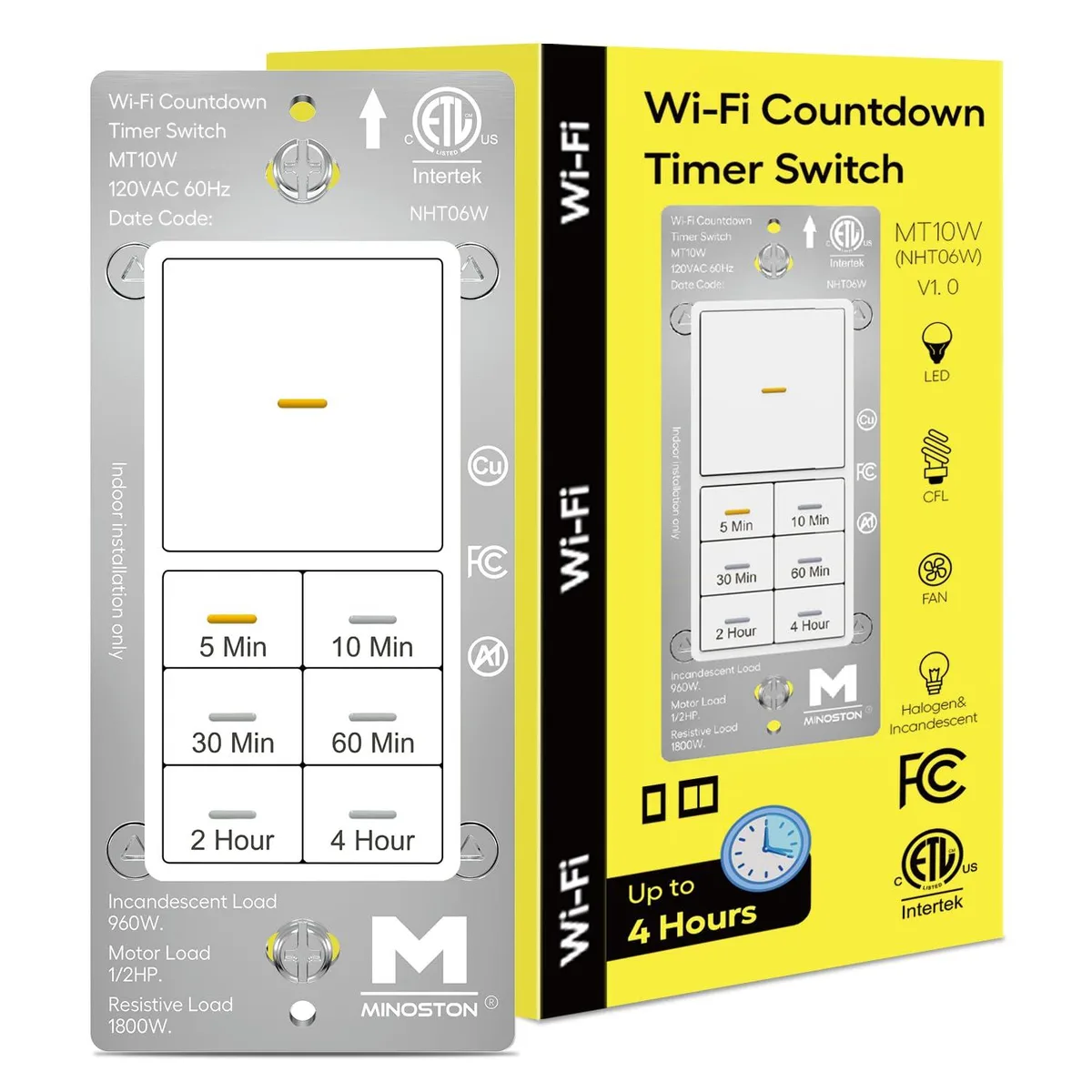 White wall-mounted timer switch with push buttons and amber LEDs, rectangular 1.77 by 4.13 inches