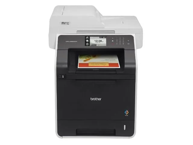 Rectangular white desktop laser printer with paper trays and control panel