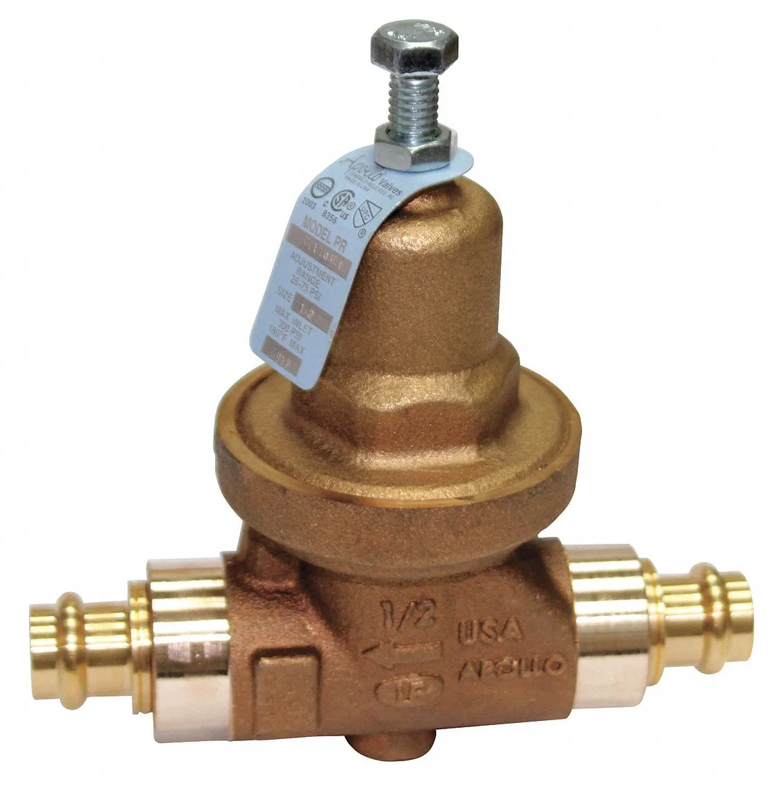 Bronze water pressure reducing valve with press connections, 3/4 inch inlet and outlet