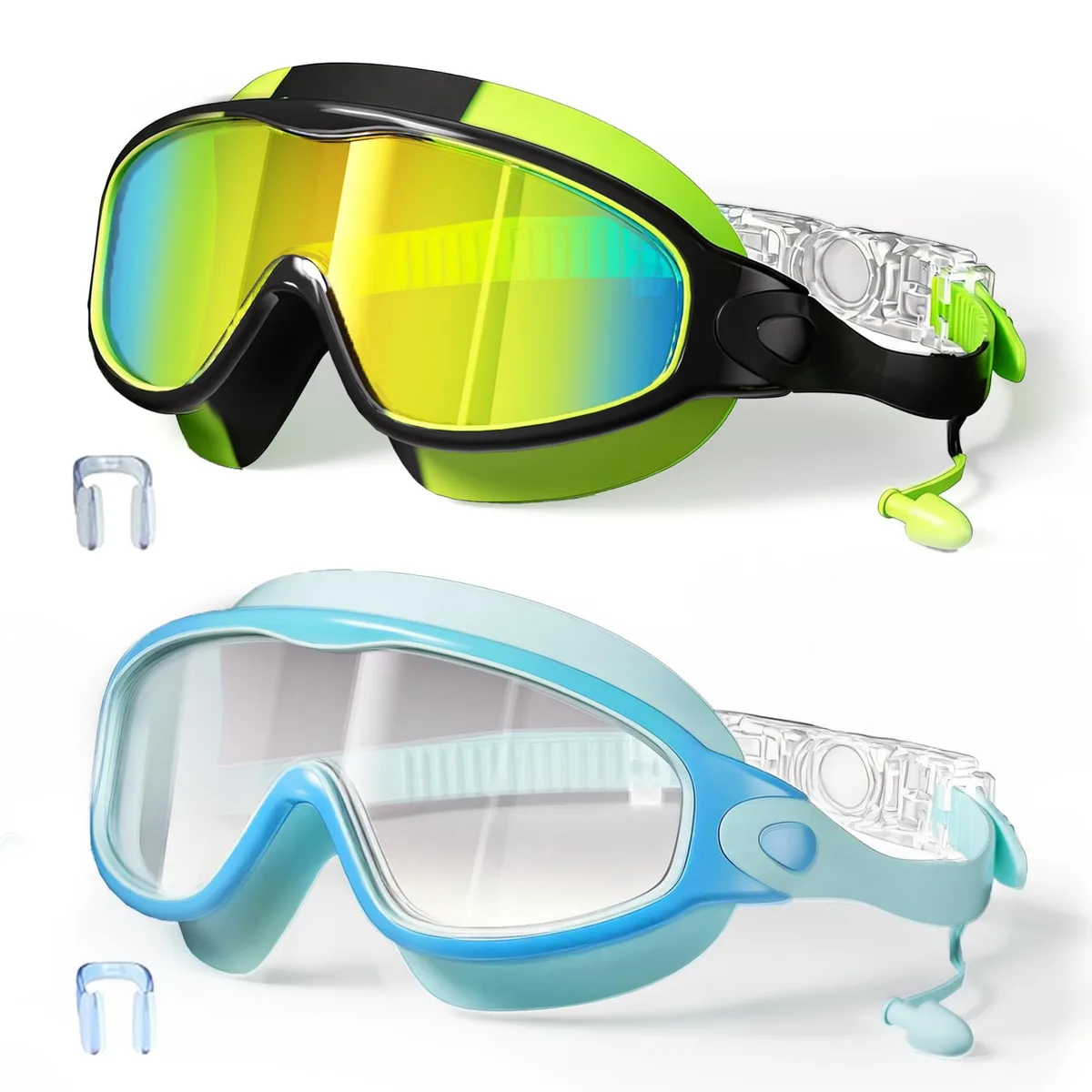 YLKJSWIM Swimming Goggles Kids 3-15 Earplugs 180° View 2PCS Green Black Blue — product photo