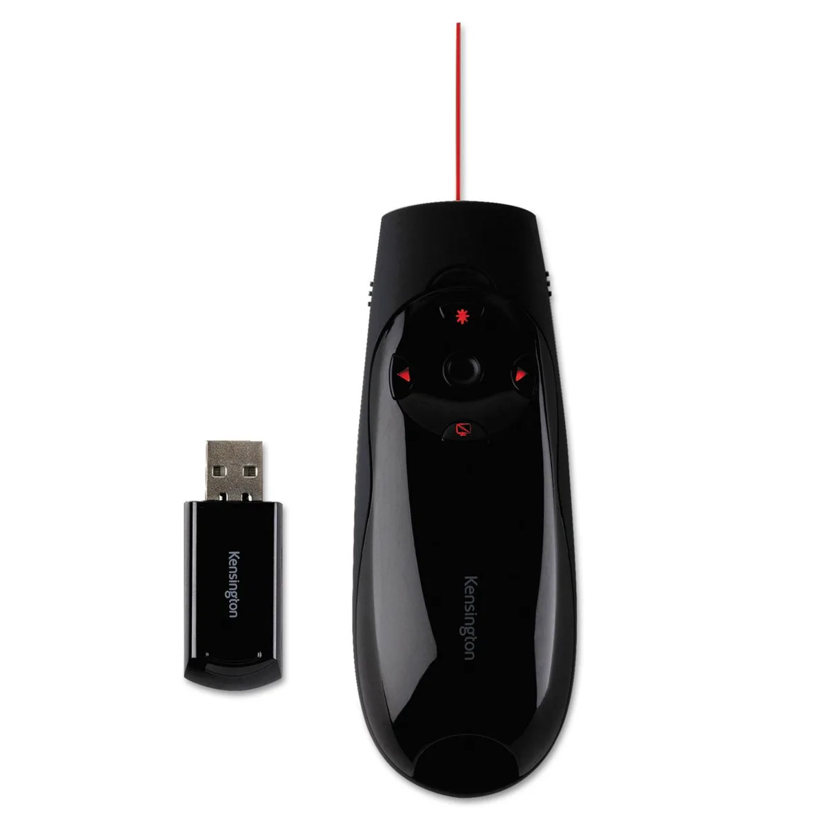 Slim black wireless presenter with red laser button