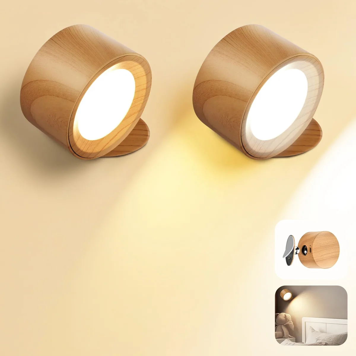 Two wood-finish LED wall lights with magnetic heads