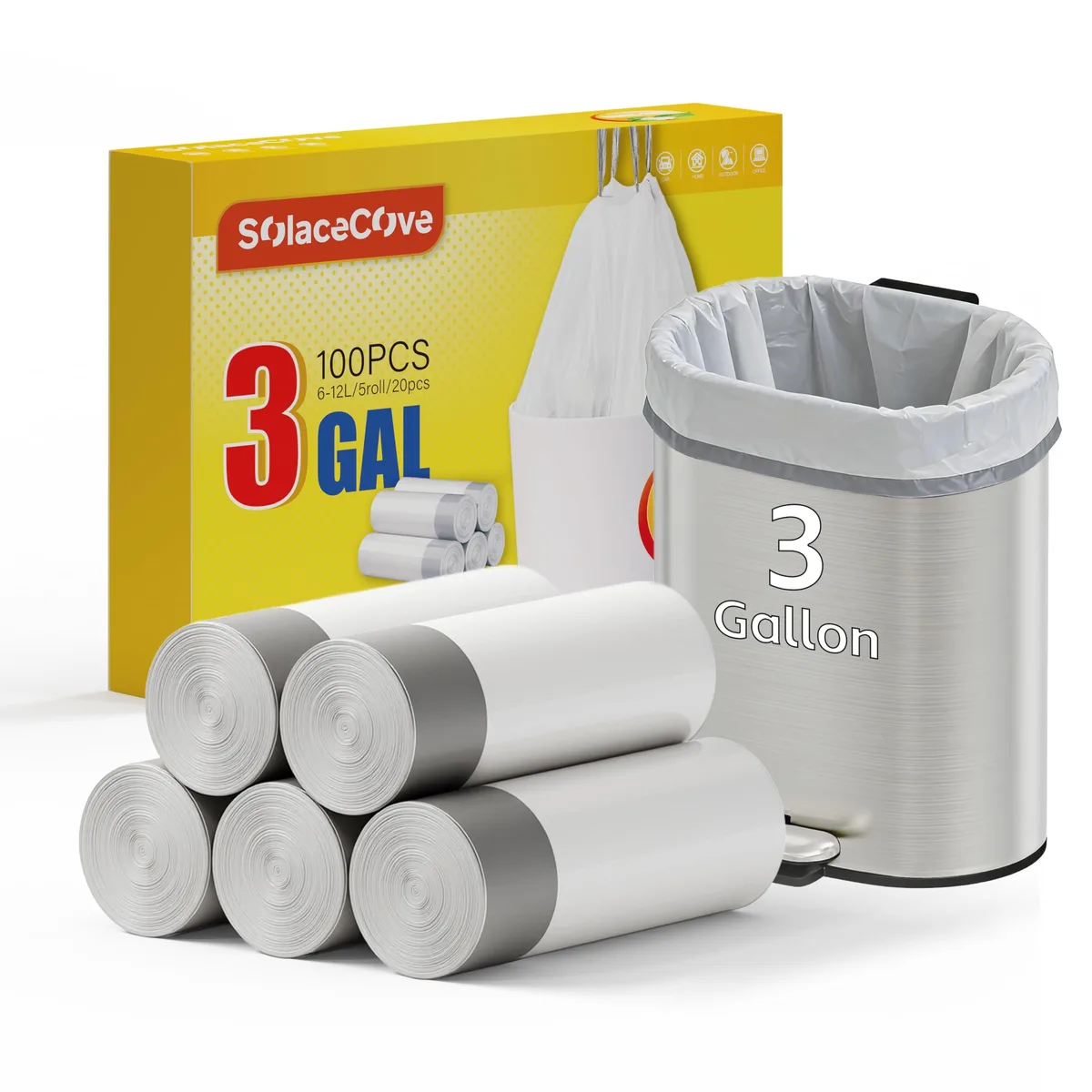 White plastic drawstring trash bags, 100 count, 12 liters capacity