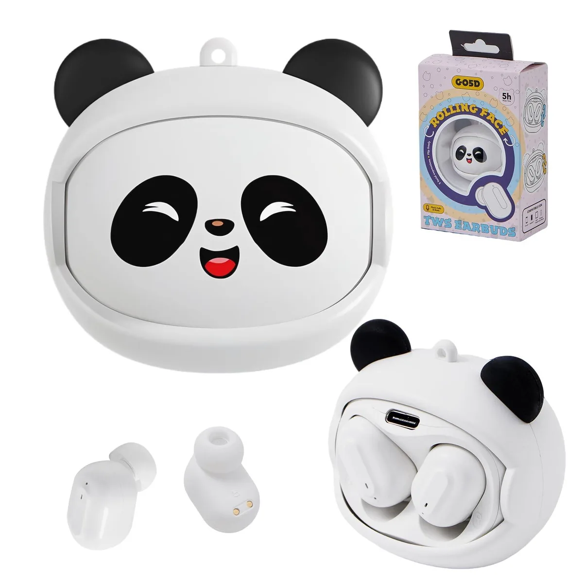 No Sew No Sew Panda Kids In-Ear Bluetooth 5.4 Earbuds White 88dB Safe Volume Rotating Case .5 lb — product photo