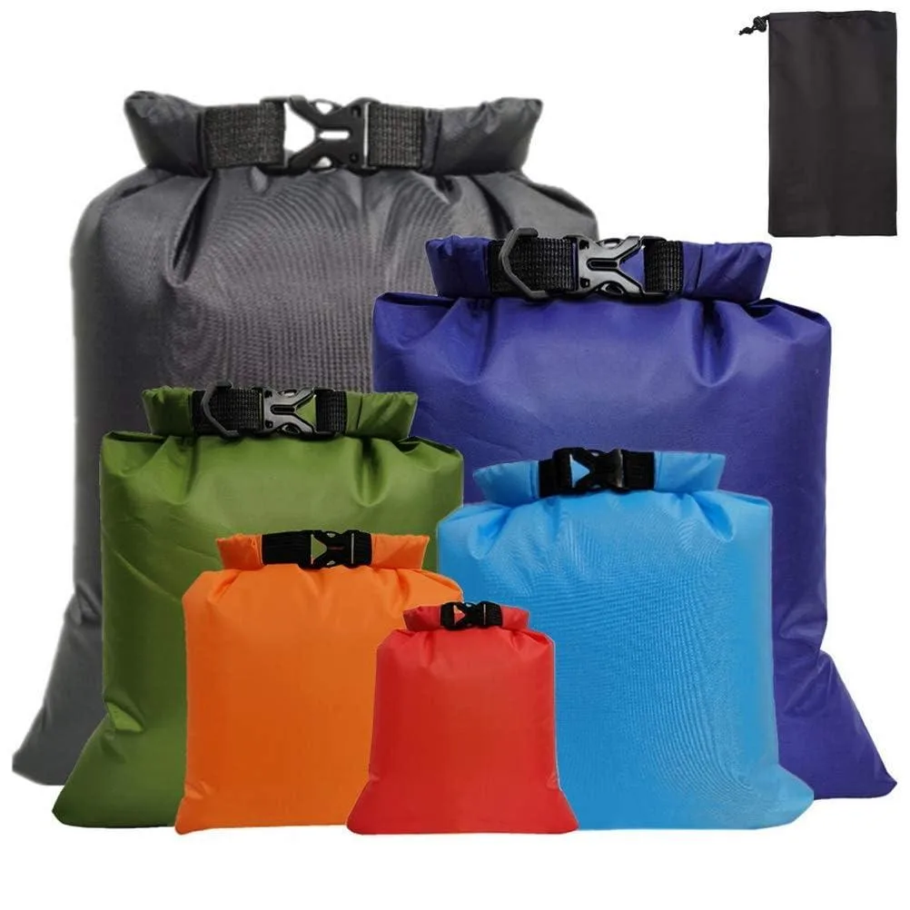 Six multicolour polyester dry bags in assorted sizes with roll-top closures and buckles