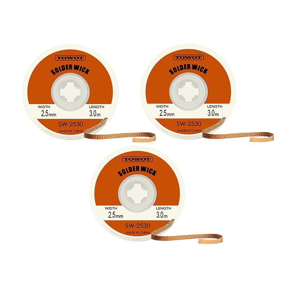 Three spools of copper desoldering braid, 2.5 mm wide, 9.8 ft each