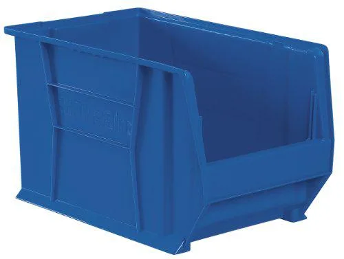 Blue industrial polymer storage bin with rear handle and label slot
