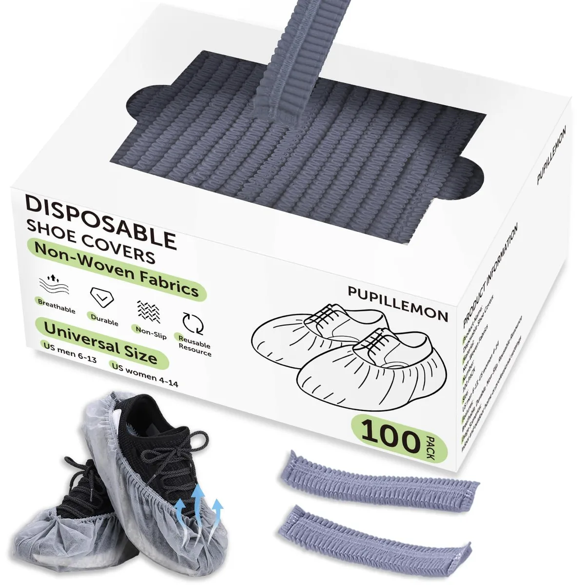 Grey disposable shoe covers in a 100-pack dispenser box