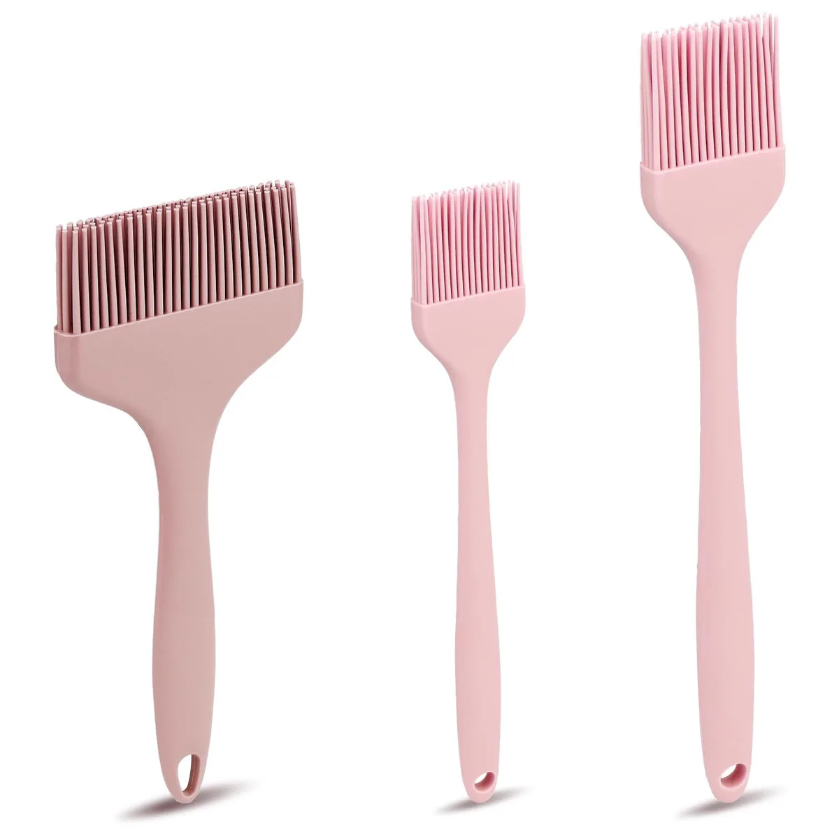 Three pink silicone basting brushes, widths 3.5, 1.6, 1.2 inches, one-piece stainless steel core, heat resistant to 446°F / 230°C