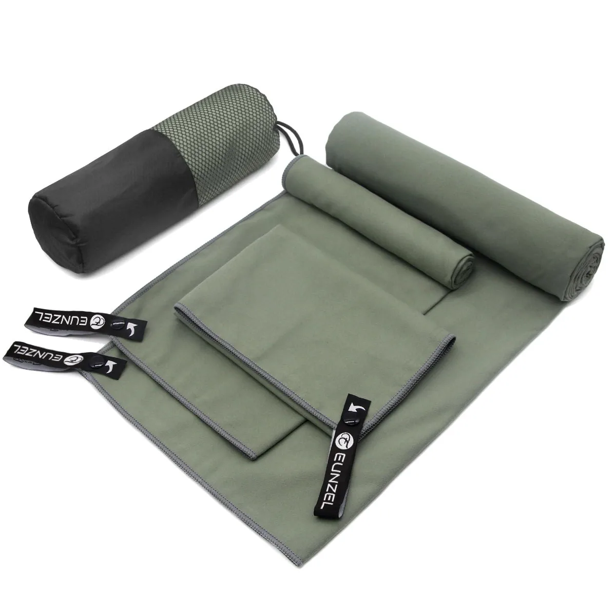 Three army-green microfiber towels in sizes 60x30 30x15 15x15 inches with carry bag and snap loops