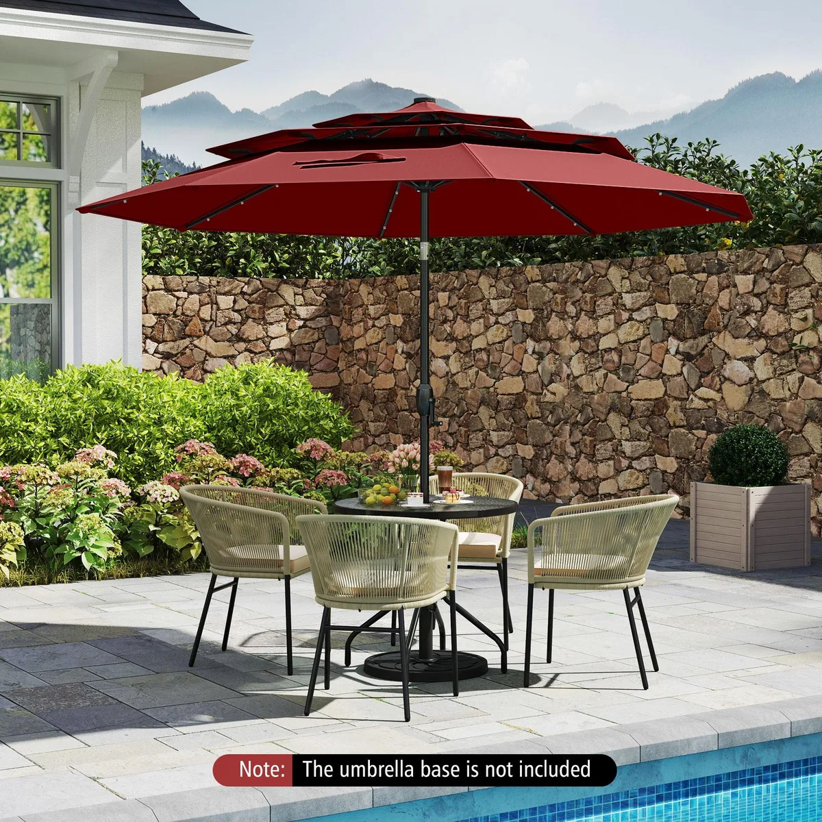 Wine coloured 10 ft patio umbrella with 32 LED lights and solar panel