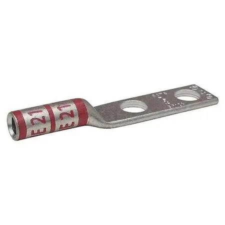 Copper two-hole compression lug, long barrel, red colour code, straight tongue, 0.42 in wide, 0.625 in hole spacing