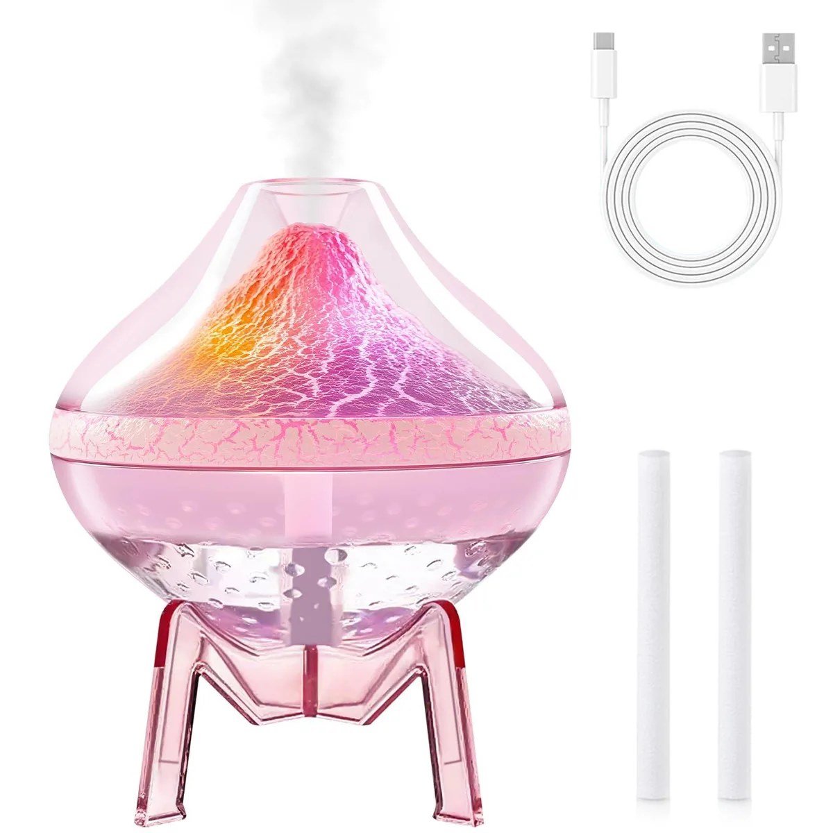 Pink cool mist humidifier with 300ml tank, LED gradient light, M-shaped base and USB-C cable