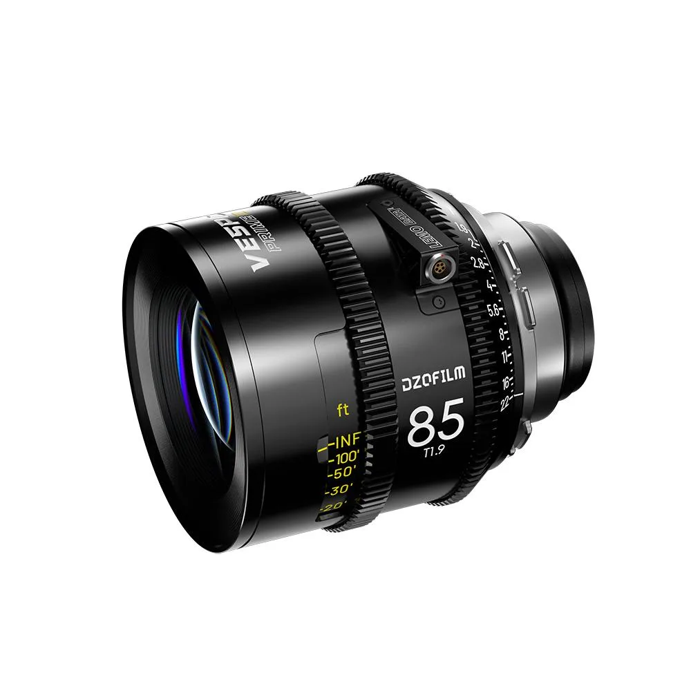 Silver PL-mount cinema prime lens with 85mm focal length and T1.9 aperture