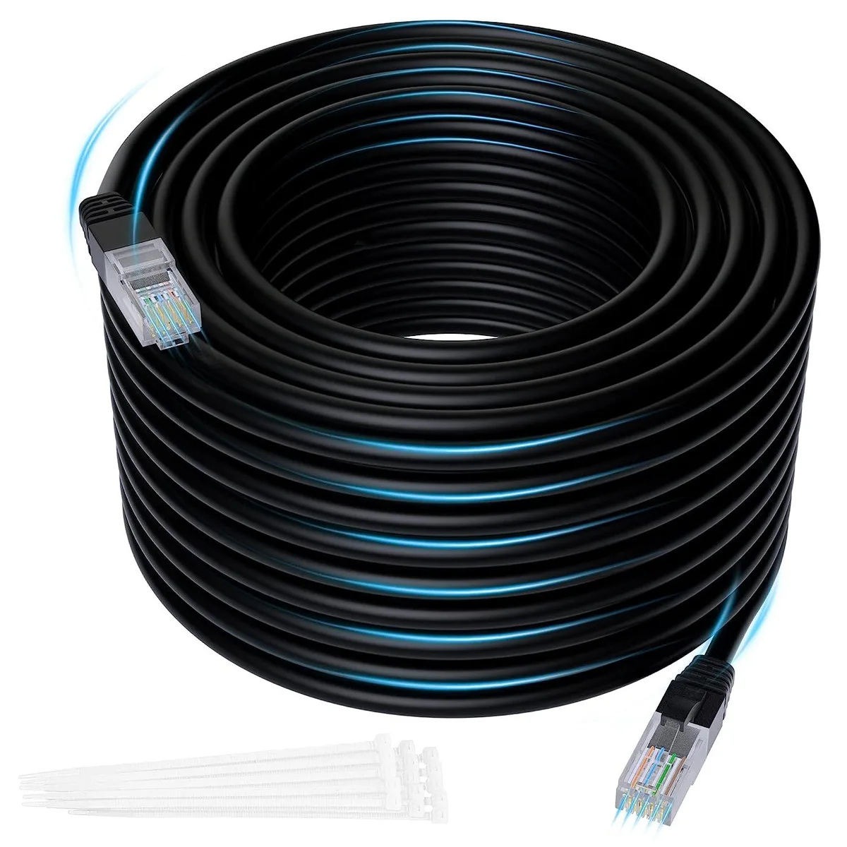 Black Cat 6 ethernet cable on a spool with RJ45 connectors, gold-plated contacts, snagless boots, 15 cable ties and a shielded coupler