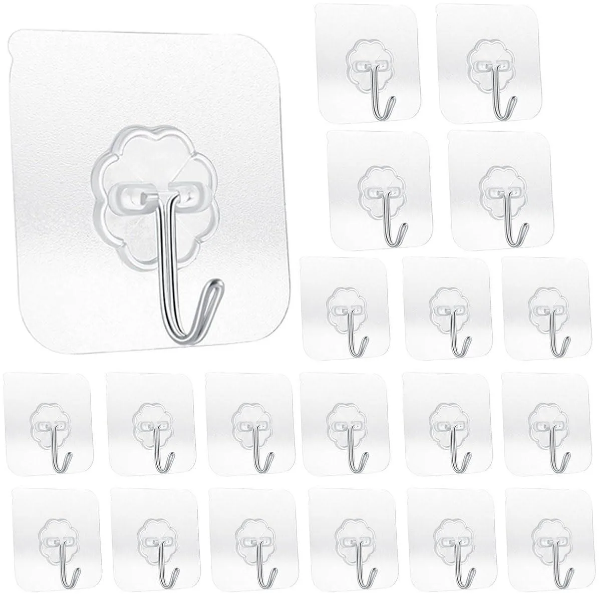 Pack of 20 transparent adhesive hooks, stainless steel and PC, 2.36 inch square, rotatable 180 degrees