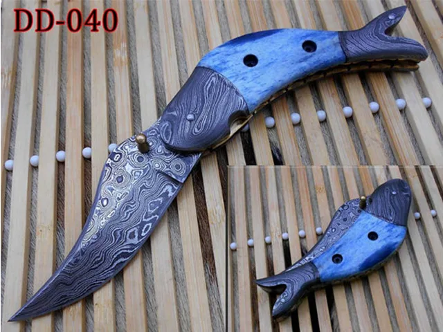 Damascus Depot Damascus Depot Folding Knife 3.5" Blade Blue Camel Bone Damascus Steel — product photo