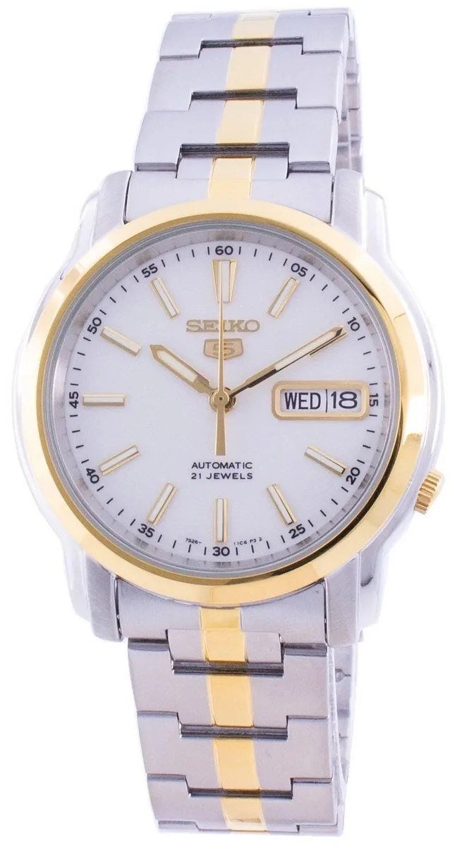 Silver-toned stainless steel automatic watch with white dial and integrated bracelet
