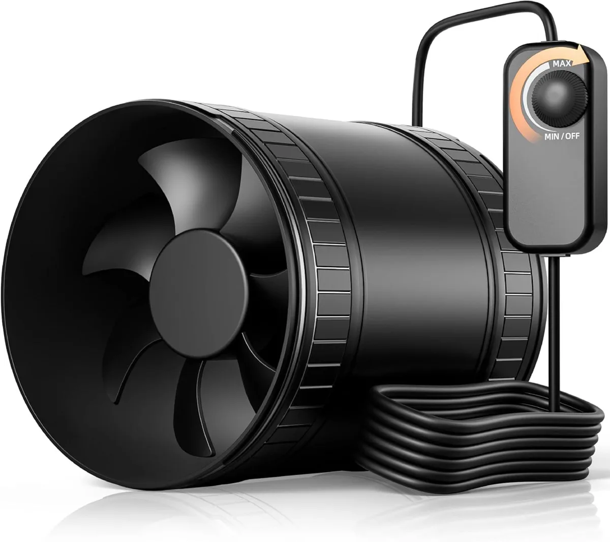 Compact 4 inch inline duct fan with speed controller, short 4.72 body, dark finish