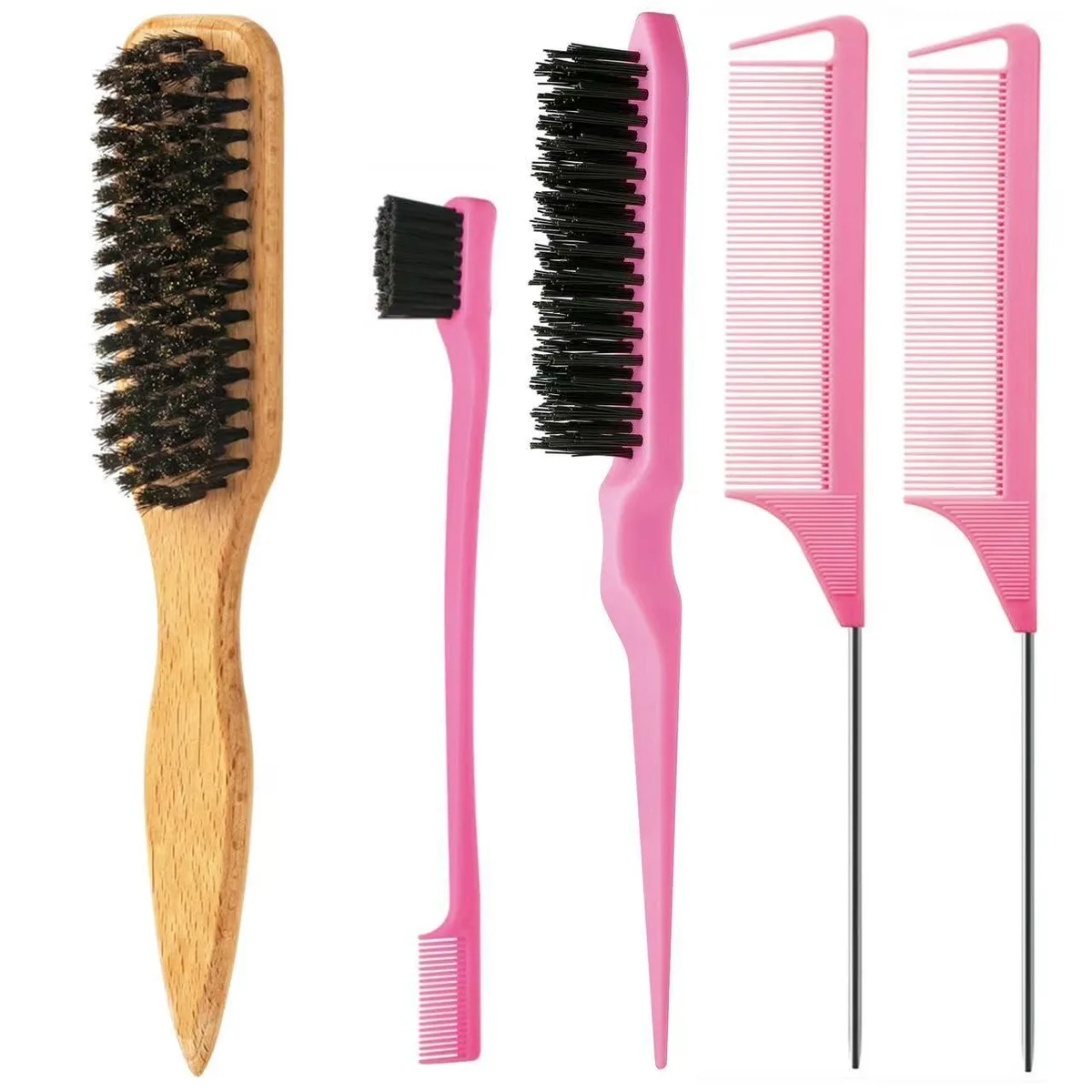 Pink 9-piece hair styling kit with brushes, combs and topsy tail tools