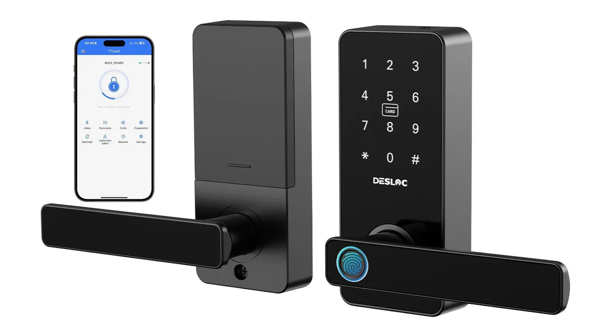 Black aluminum smart door lock with integrated handle and fingerprint sensor