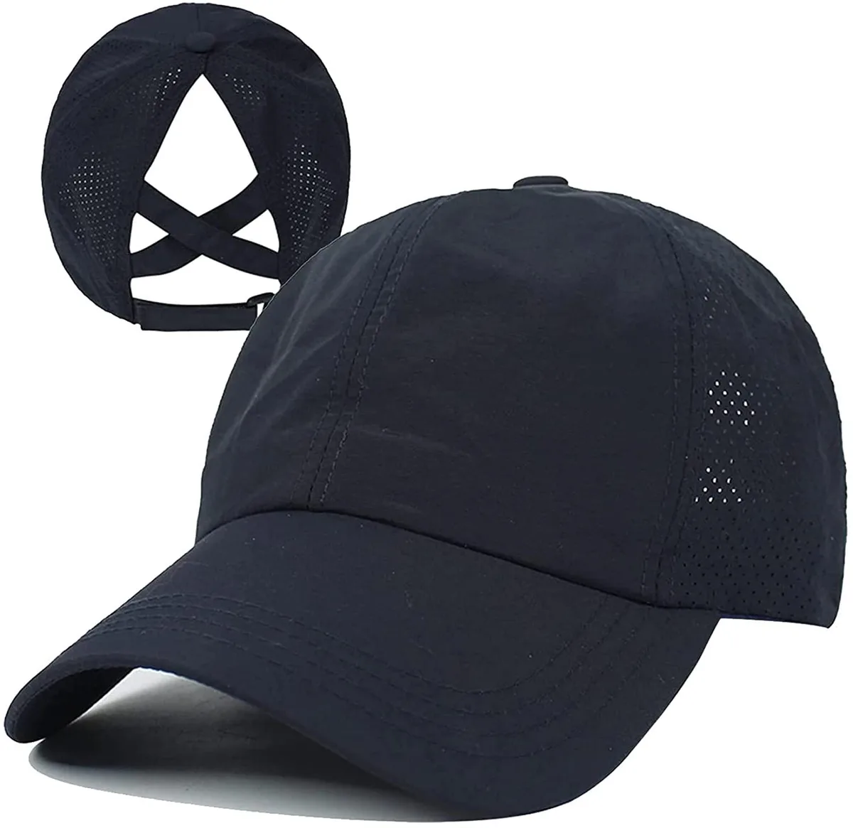 Criss Cross Ponytail Baseball Cap Adjustable Mesh Navy Blue — product photo