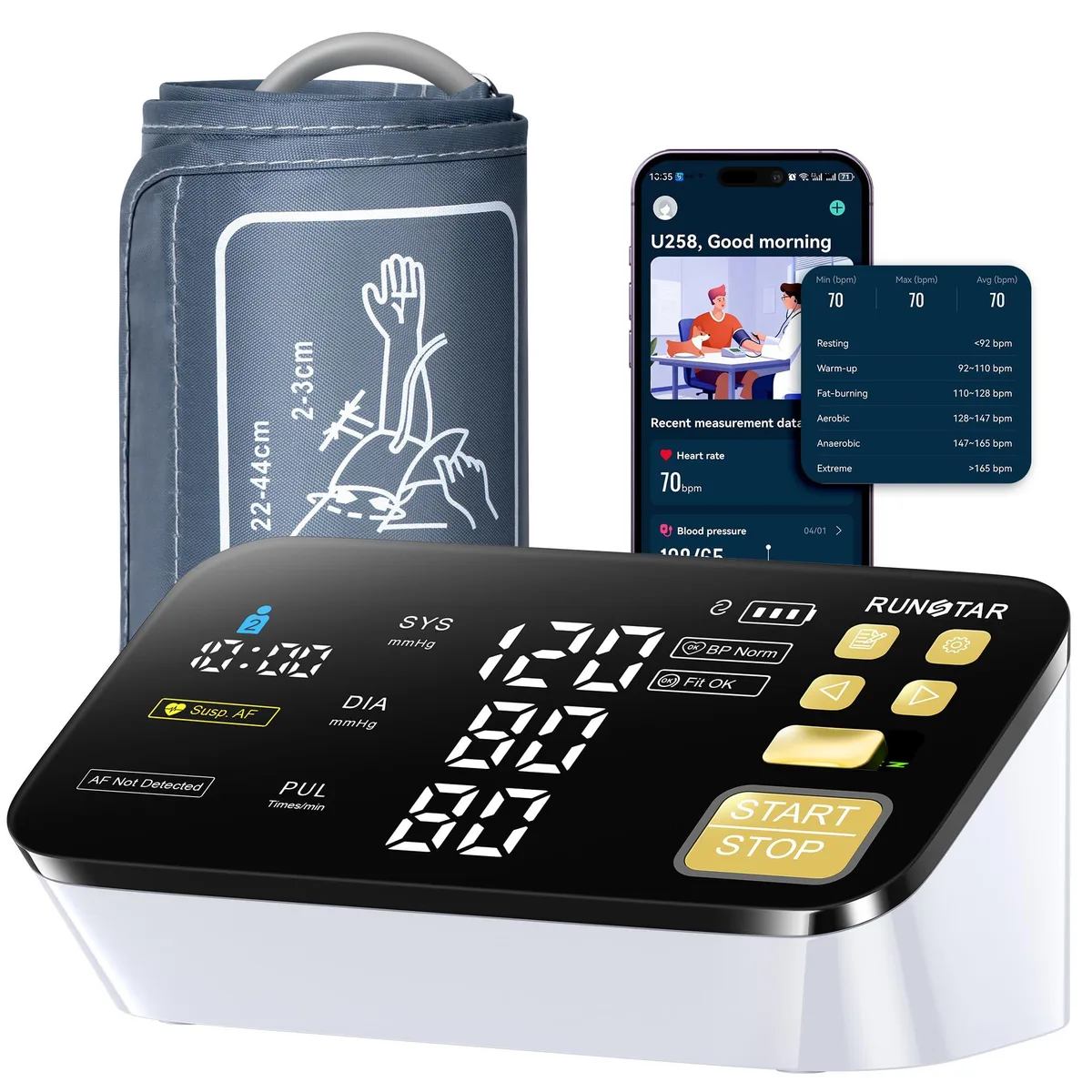  runstar BP-201 Blood Pressure Monitor 6.5" LED 8.6-17.3" Cuff — product photo