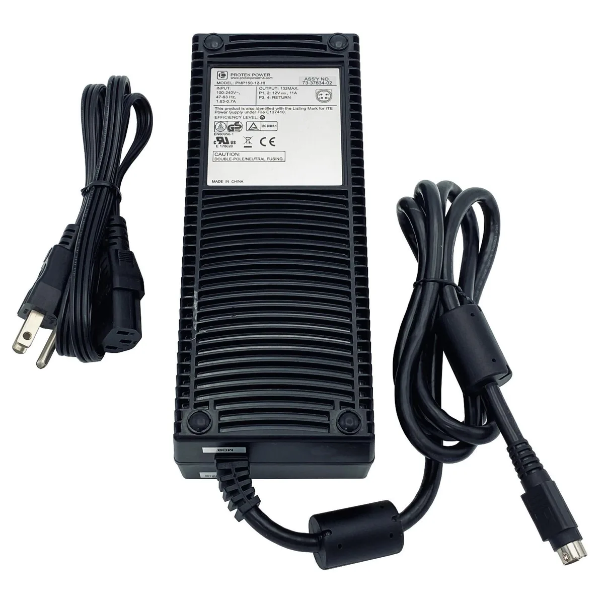 Rectangular black power brick with 4-pin output plug and detachable mains cord