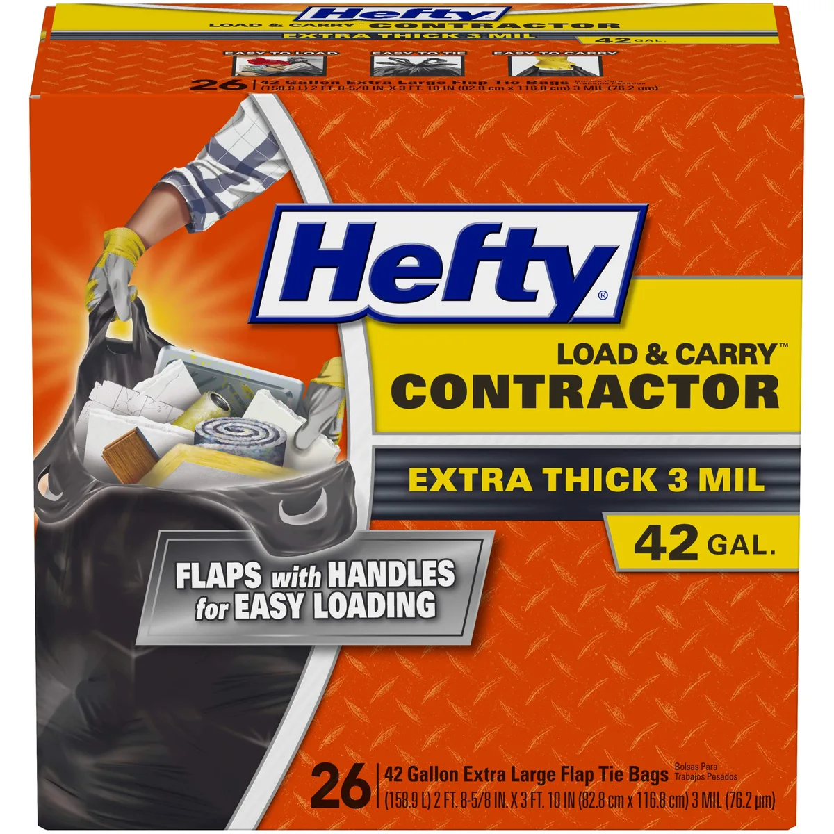 Black contractor trash bag pack with handle flaps visible