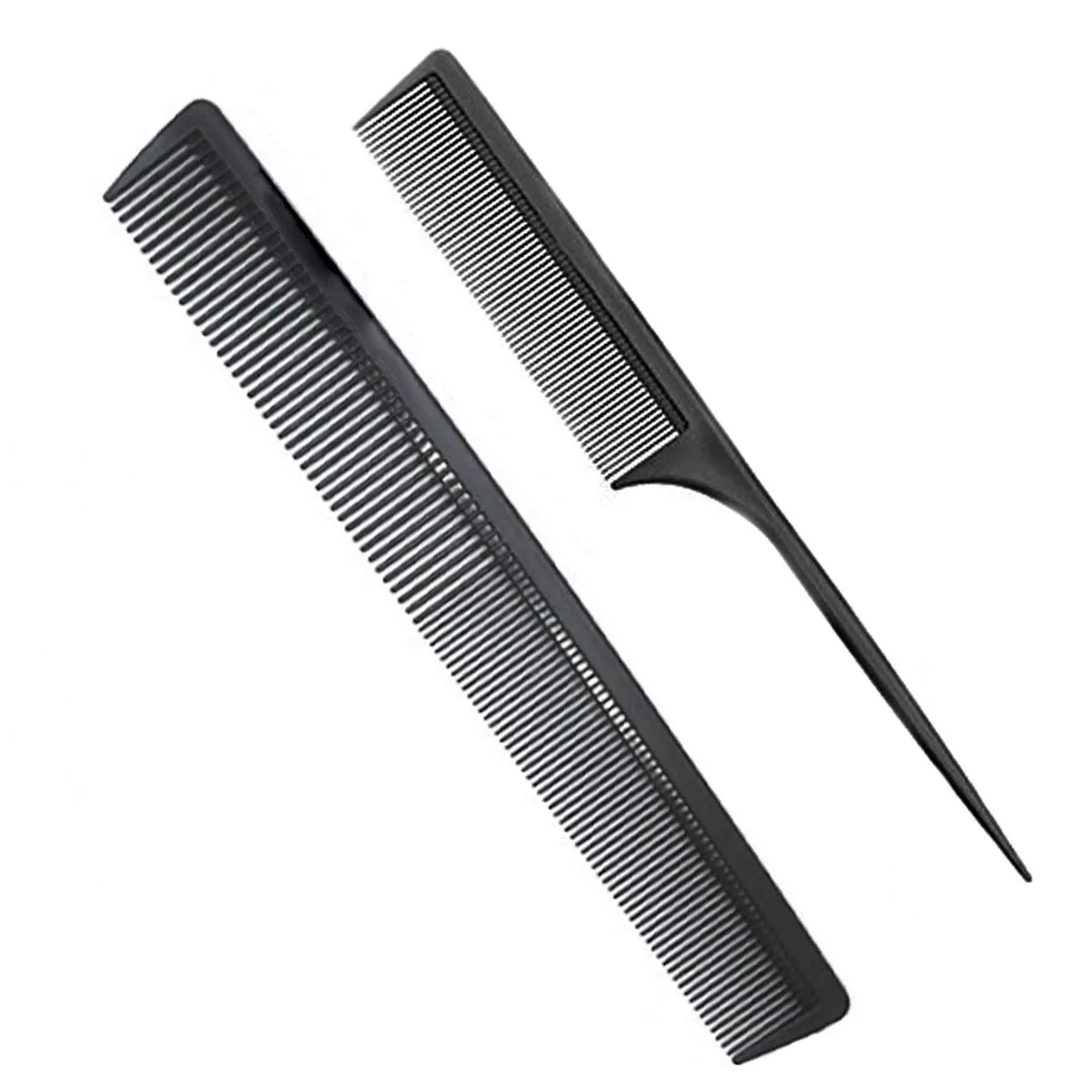 Two black carbon fibre combs: a rat-tail and a fine-wide tooth model