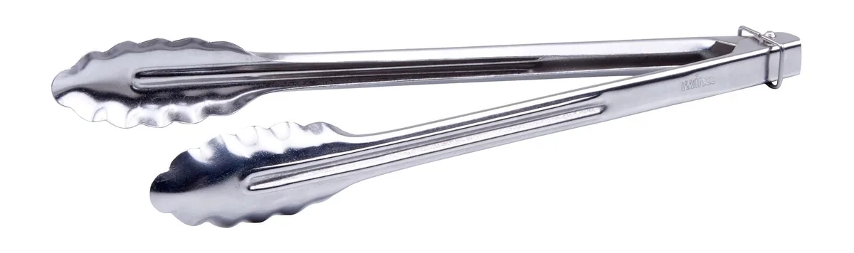 12-inch stainless steel tongs with polished finish and locking clip
