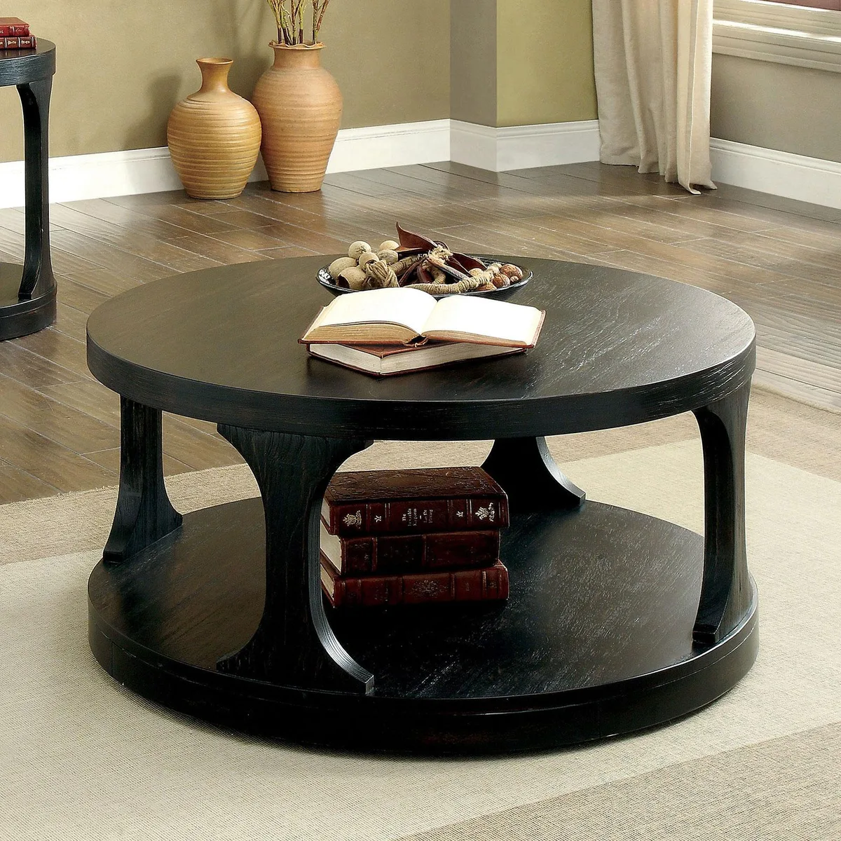 tuphen tuphen Transitional Occasional Table Antique Black Round Solid Wood Open Shelf — product photo
