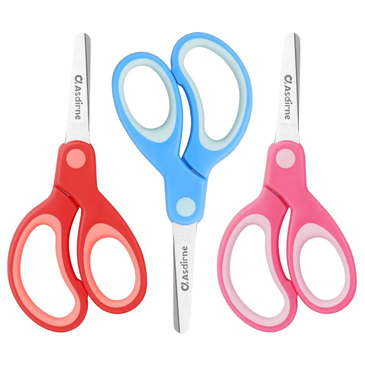 Three pairs of 13.5 cm right-handed safety scissors with blunt stainless steel blades and soft-grip handles in assorted colours